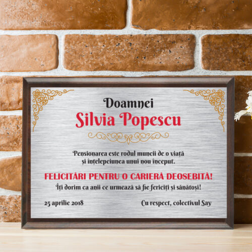 Diplomă personalizabilă gravată, cu plachetă din lemn, Diplomă Pensionare