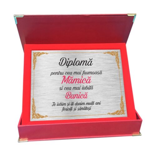 Diplomă personalizabilă gravată, în cutie de catifea – Cea mai frumoasă mămică, cea mai iubită bunică