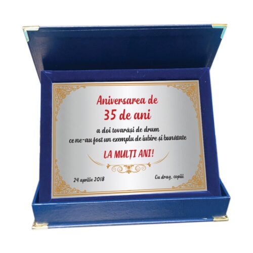 Diplomă personalizabilă gravată, în cutie de catifea – Aniversare 35 de ani