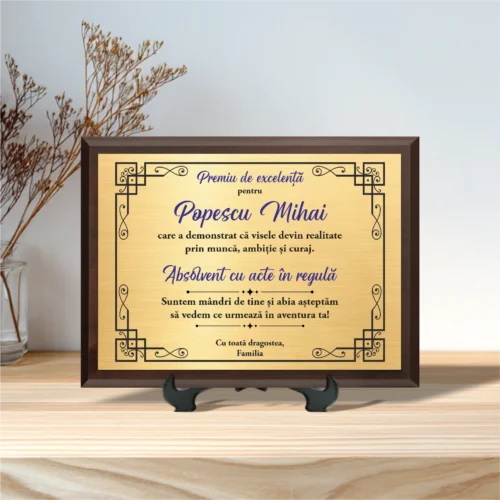 Diplomă personalizabilă imprimată, cu plachetă din lemn, Abslovire [ #0001 ]