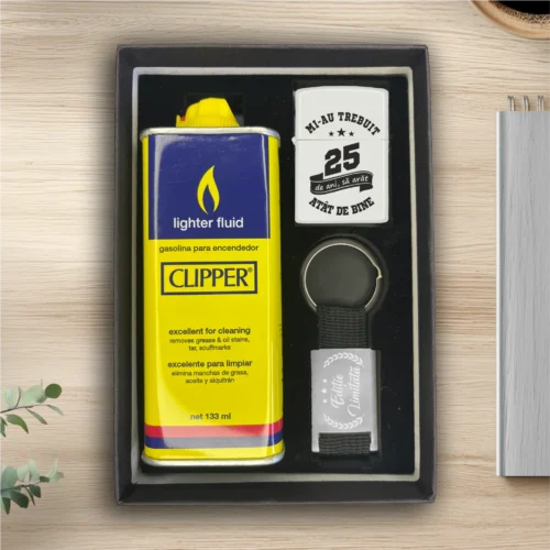 Brichetă benzină personalizată – simplă sau set cu breloc, Cadou pentru Aniversarea vârstei de 25 de ani [ #0337 ]