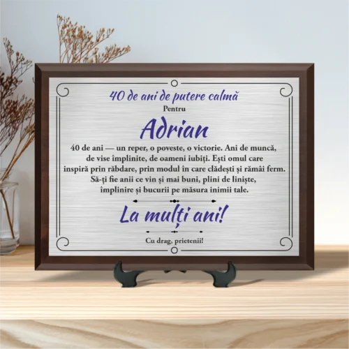 Diplomă personalizabilă imprimată, cu plachetă din lemn, Aniversarea a 40 de ani împliniți [ #0015 ]