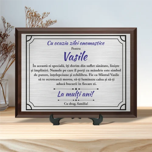 Diplomă personalizabilă imprimată, cu plachetă din lemn, Aniversarea zilei onomastice, Sf. Vasile [ #0021 ]