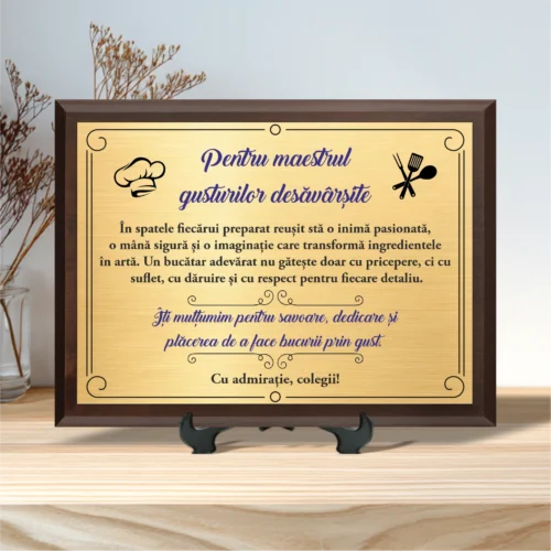 Diplomă personalizabilă imprimată, cu plachetă din lemn, Bucătar Chef [ #0018 ]