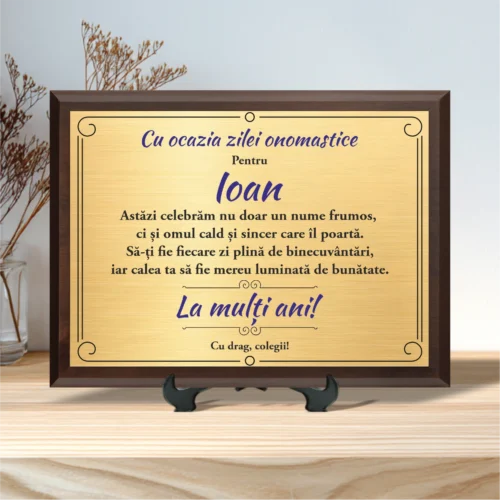 Diplomă personalizabilă imprimată, cu plachetă din lemn, Aniversarea zilei onomastice, Sf. Ioan [ #0024 ]