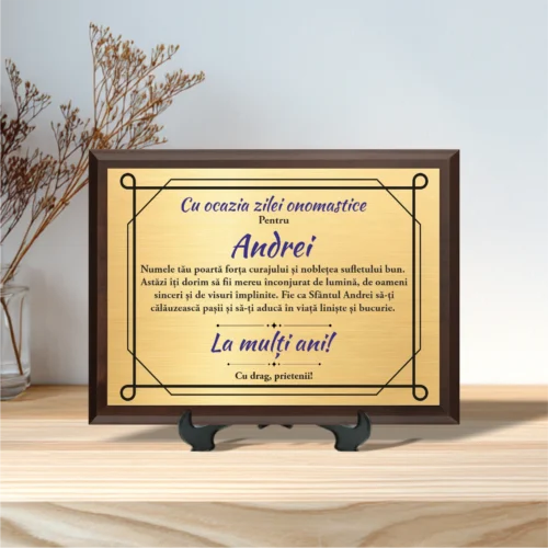 Diplomă personalizabilă imprimată, cu plachetă din lemn, Aniversarea zilei onomastice, Sf. Andrei [ #0022 ]