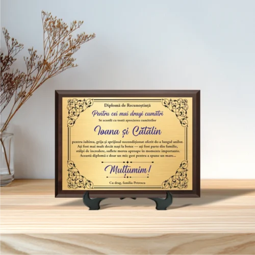Diplomă personalizabilă imprimată, cu plachetă din lemn, Mulțumire Cumătri [ #0033 ]