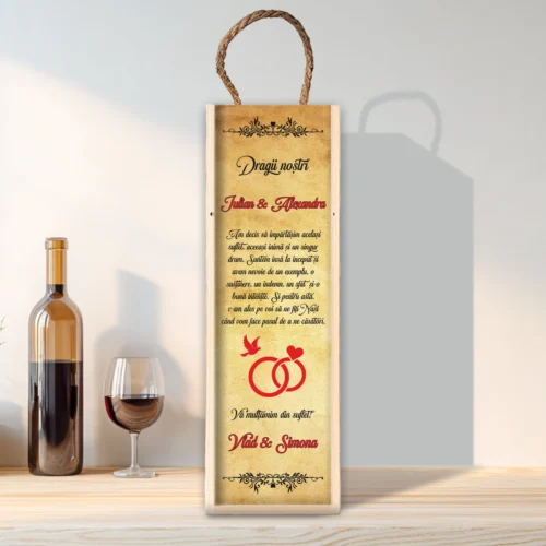 Cutie din lemn sublimată pentru sticla de vin, cu capac culisant, Cererea Nașilor de Nuntă [ #0188 ]