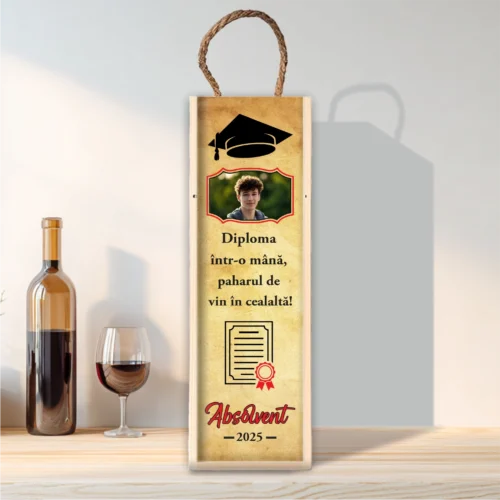 Cutie din lemn sublimată pentru sticla de vin, cu capac culisant, Cadou pentru Absolvire [ #0196 ]