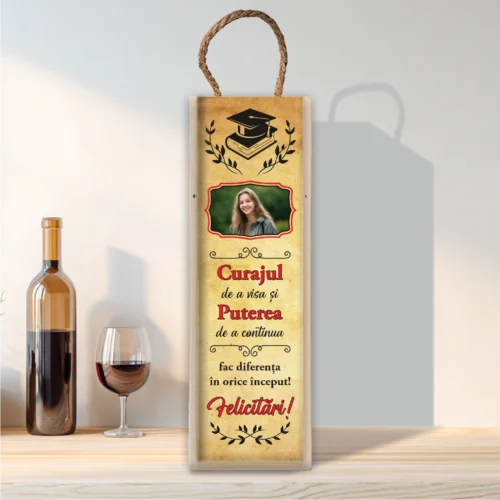 Cutie din lemn sublimată pentru sticla de vin, cu capac culisant, Cadou pentru Absolvire [ #0200 ]