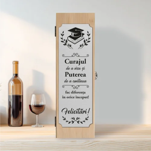 Cutie din lemn cu placă gravată pentru sticla de vin, cu ustensile, Cadou pentru Absolvire [ #0201 ]
