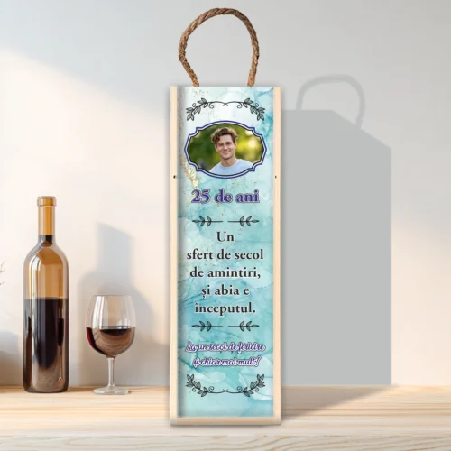 Cutie din lemn sublimată pentru sticla de vin, cu capac culisant, Aniversarea vârstei de 25 de ani [ #0234 ]