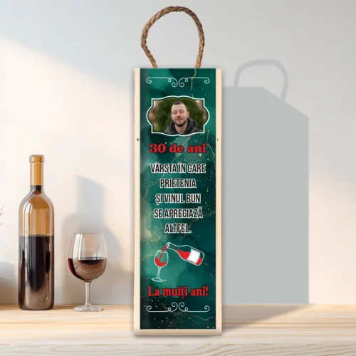 Cutie din lemn sublimată pentru sticla de vin, cu capac culisant, Aniversarea vârstei de 30 de ani [ #0242 ]