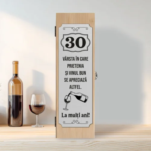 Cutie din lemn cu placă gravată pentru sticla de vin, cu ustensile, Aniversarea vârstei de 30 de ani [ #0243 ]
