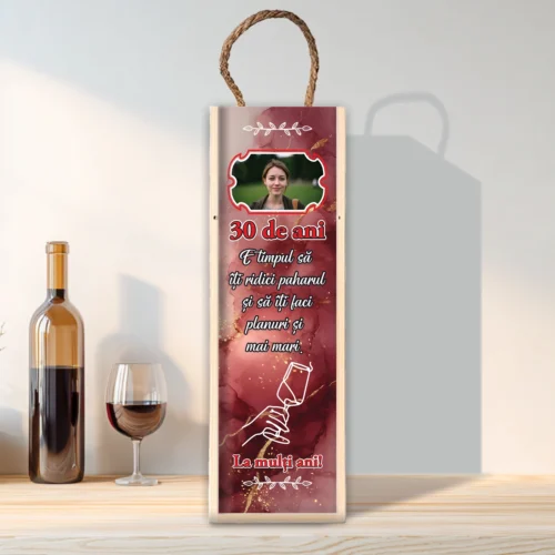 Cutie din lemn sublimată pentru sticla de vin, cu capac culisant, Aniversarea vârstei de 30 de ani [ #0246 ]