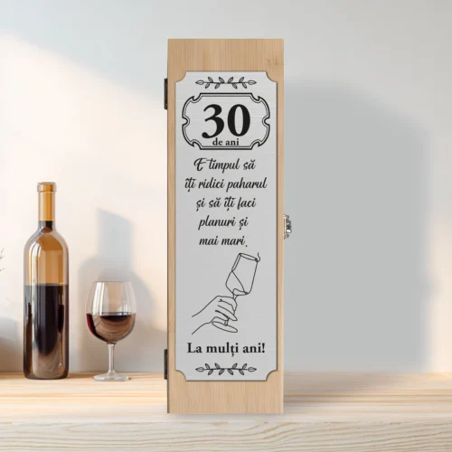 Cutie din lemn cu placă gravată pentru sticla de vin, cu ustensile, Aniversarea vârstei de 30 de ani [ #0247 ]