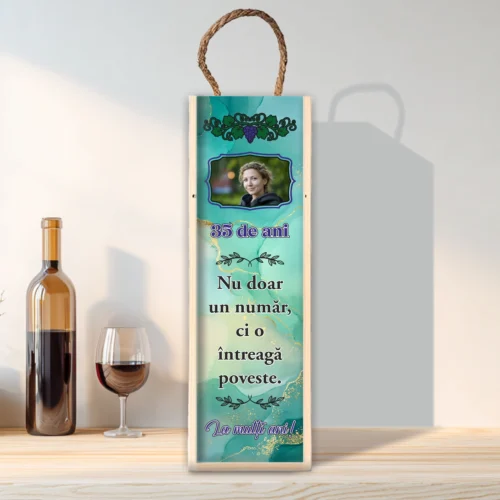 Cutie din lemn sublimată pentru sticla de vin, cu capac culisant, Aniversarea vârstei de 35 de ani [ #0250 ]