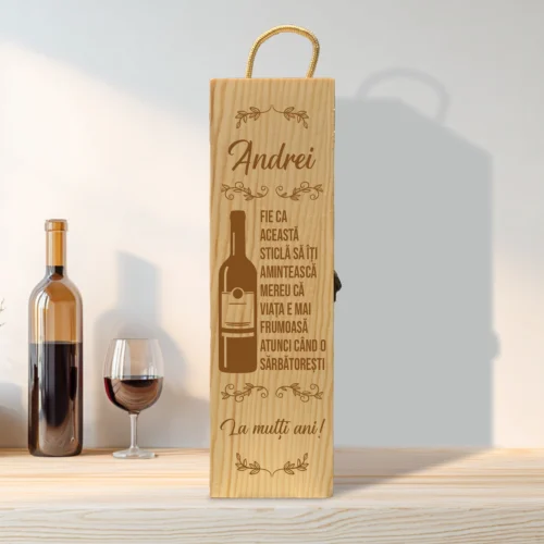 Cutie din lemn gravată pentru sticla de vin, cu închizătoare din metal, Aniversarea vârstei [ #0216]