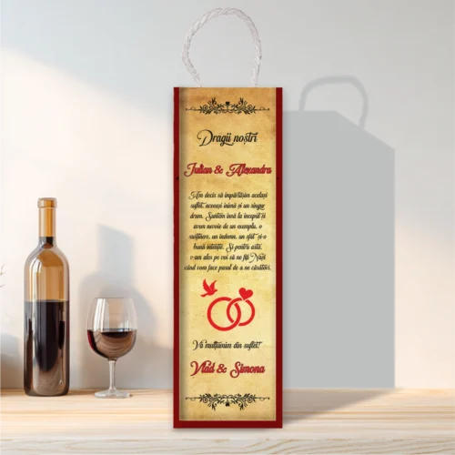 Cutie din lemn sublimată pentru sticla de vin, cu capac culisant, Cererea Nașilor de Nuntă [ #0188 ]