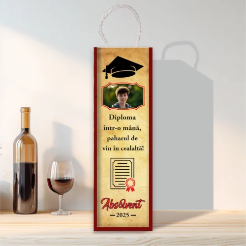 Cutie din lemn sublimată pentru sticla de vin, cu capac culisant, Cadou pentru Absolvire [ #0196 ]