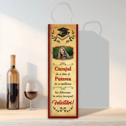 Cutie din lemn sublimată pentru sticla de vin, cu capac culisant, Cadou pentru Absolvire [ #0200 ]
