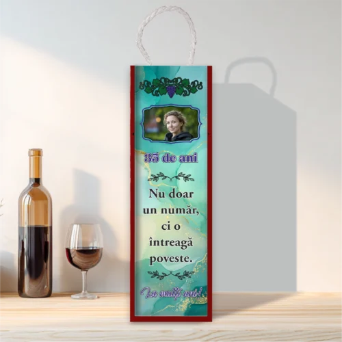 Cutie din lemn sublimată pentru sticla de vin, cu capac culisant, Aniversarea vârstei de 35 de ani [ #0250 ]