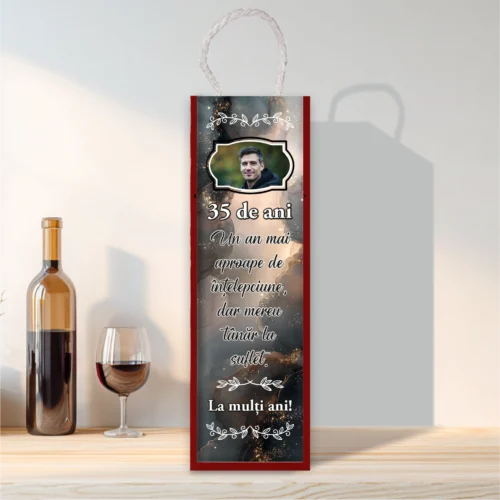 Cutie din lemn sublimată pentru sticla de vin, cu capac culisant, Aniversarea vârstei de 35 de ani [ #0254 ]