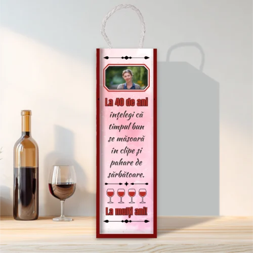 Cutie din lemn sublimată pentru sticla de vin, cu capac culisant, Aniversarea vârstei de 40 de ani [ #0258 ]
