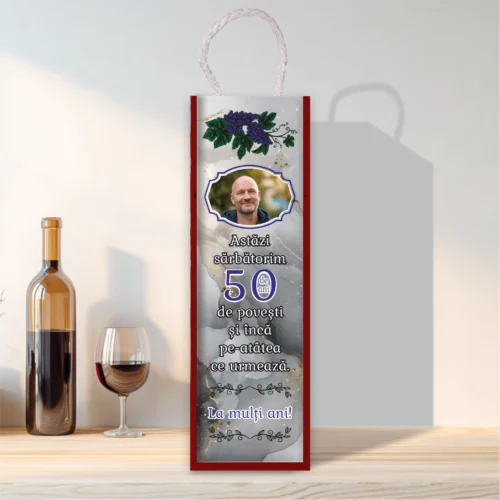 Cutie din lemn sublimată pentru sticla de vin, cu capac culisant, Aniversarea vârstei de 50 de ani [ #0270 ]