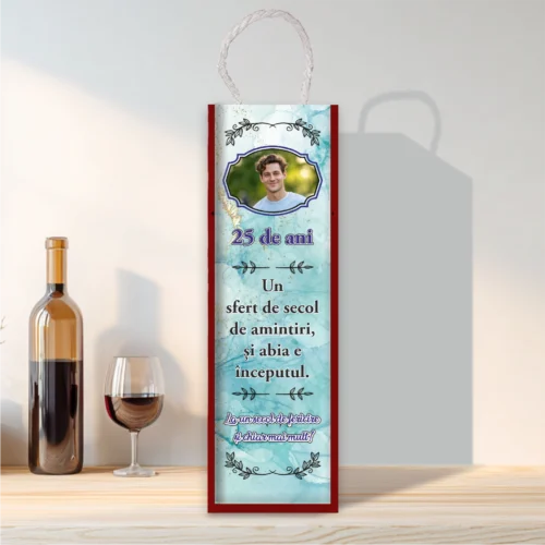 Cutie din lemn sublimată pentru sticla de vin, cu capac culisant, Aniversarea vârstei de 25 de ani [ #0234 ]