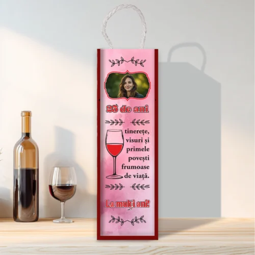 Cutie din lemn sublimată pentru sticla de vin, cu capac culisant, Aniversarea vârstei de 25 de ani [ #0238 ]
