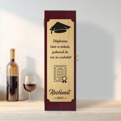Cutie din lemn cu placă gravată pentru sticla de vin, cu ustensile, Cadou pentru Absolvire [ #0197 ]