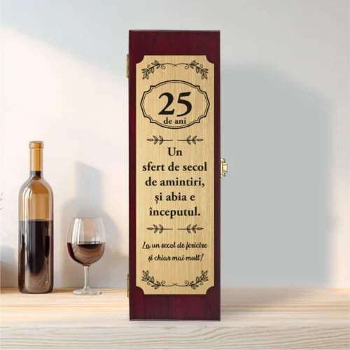 Cutie din lemn cu placă gravată pentru sticla de vin, cu ustensile, Aniversarea vârstei de 25 de ani [ #0235 ]
