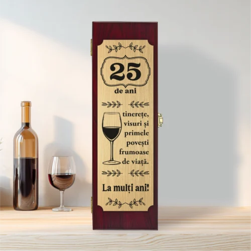 Cutie din lemn cu placă gravată pentru sticla de vin, cu ustensile, Aniversarea vârstei de 25 de ani [ #0239 ]