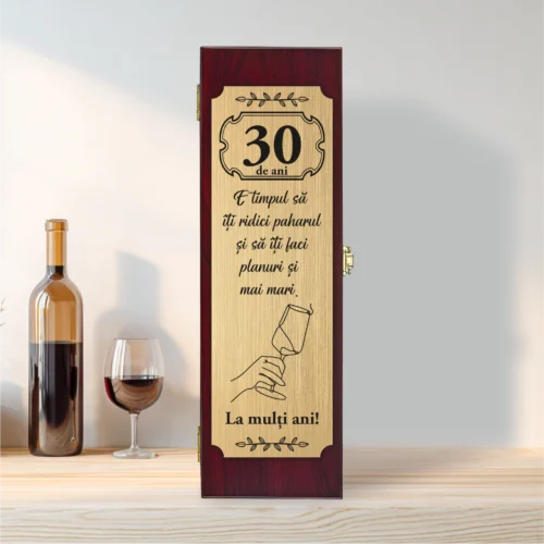 Cutie din lemn cu placă gravată pentru sticla de vin, cu ustensile, Aniversarea vârstei de 30 de ani [ #0247 ]