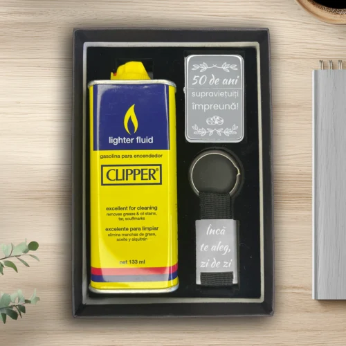 Brichetă benzină personalizată – simplă sau set cu breloc, Cadou pentru Aniversarea căsătoriei de 50 de ani [ #0529 ]