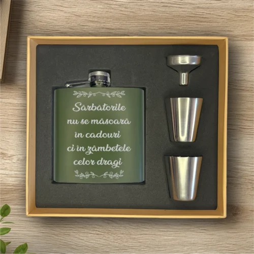 Ploscă de metal personalizată – simplă sau set cu păhărele, Cadou de Crăciun [ #0566 ]