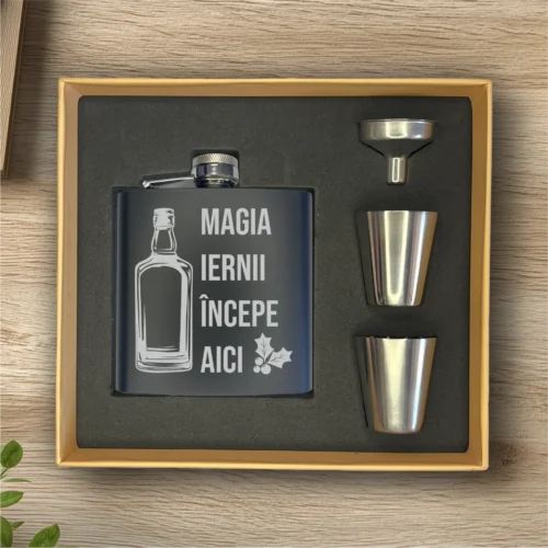 Ploscă de metal personalizată – simplă sau set cu păhărele, Cadou de Crăciun [ #0543 ]