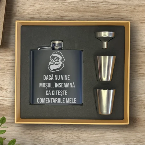 Ploscă de metal personalizată – simplă sau set cu păhărele, Cadou de Crăciun [ #0569 ]