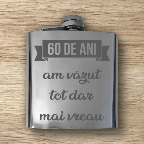 Ploscă de metal personalizată – simplă sau set cu păhărele, Cadou pentru Aniversarea vârstei de 60 de ani [ #0456 ]