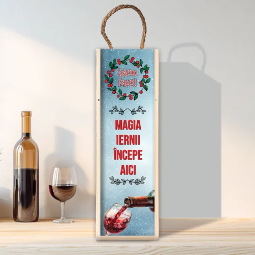 Cutie din lemn sublimată pentru sticla de vin, cu capac culisant, Cadou de Crăciun [ #0557 ]