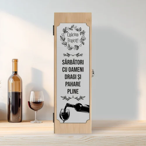 Cutie din lemn cu placă gravată pentru sticla de vin, cu ustensile, Cadou de Crăciun [ #0562 ]
