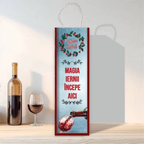 Cutie din lemn sublimată pentru sticla de vin, cu capac culisant, Cadou de Crăciun [ #0557 ]