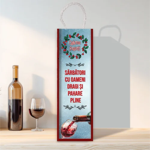 Cutie din lemn sublimată pentru sticla de vin, cu capac culisant, Cadou de Crăciun [ #0561 ]