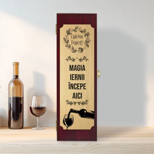 Cutie din lemn cu placă gravată pentru sticla de vin, cu ustensile, Cadou de Crăciun [ #0558 ]