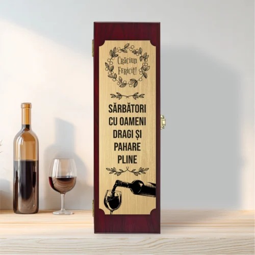Cutie din lemn cu placă gravată pentru sticla de vin, cu ustensile, Cadou de Crăciun [ #0562 ]