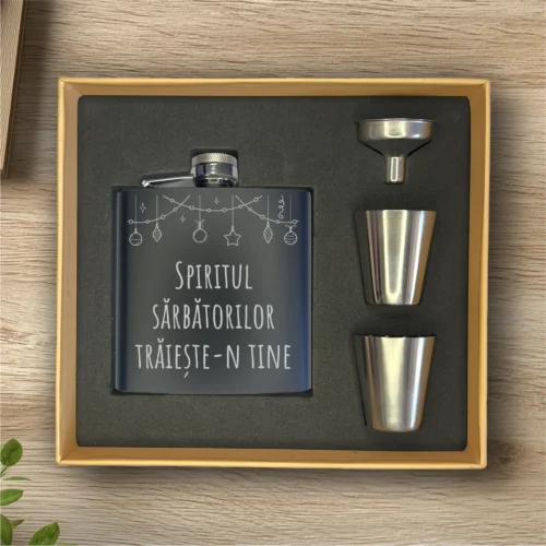 Ploscă de metal personalizată – simplă sau set cu păhărele, Cadou de CrăPloscă de metal personalizată – simplă sau set cu păhărele, Cadou de Crăciun [ #0585 ]
