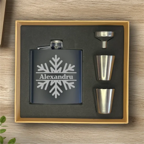 Ploscă de metal personalizată – simplă sau set cu păhărele, Cadou de Crăciun [ #0628 ]