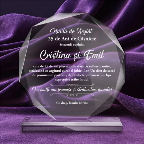Trofeu din Sticlă Elegant – Personalizat prin Gravură Laser, Aniversarea căsătoriei de 25 de ani, Nunta de argint [ #0632 ]