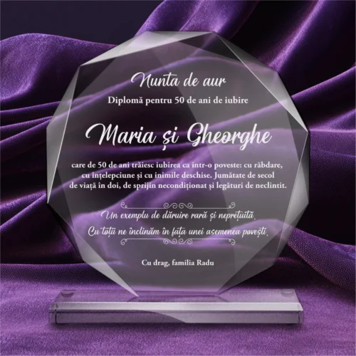 Trofeu din Sticlă Elegant – Personalizat prin Gravură Laser, Aniversarea căsătoriei de 50 de ani, Nunta de aur [ #0635 ]